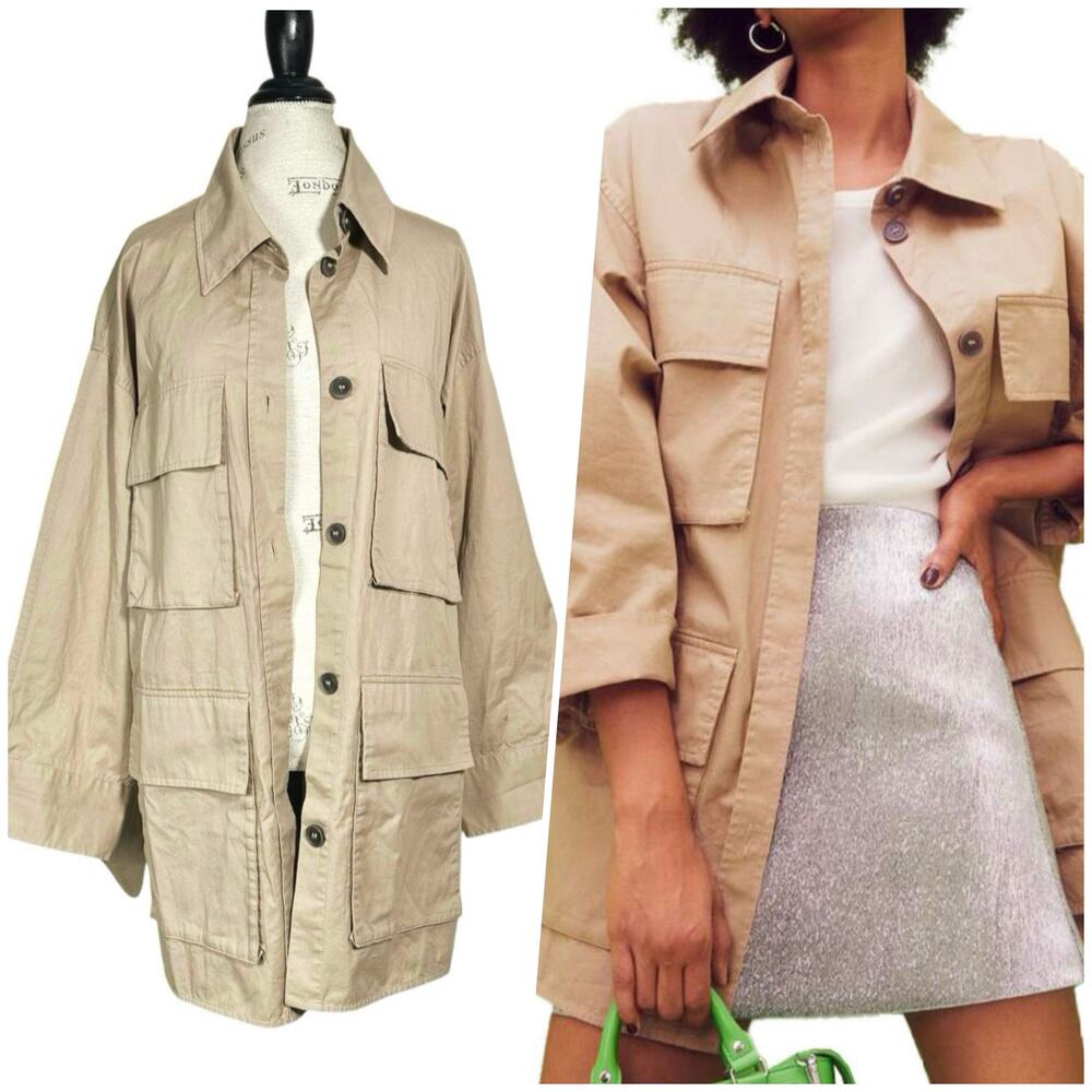 H&M | Women | Neutral Tan Cotton Twill Safari Utility Shirt Jacket | Size XL